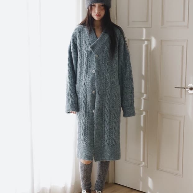 한땀한땀 수설 터키 블루 꽈배기 니트 저고리 롱 가디건