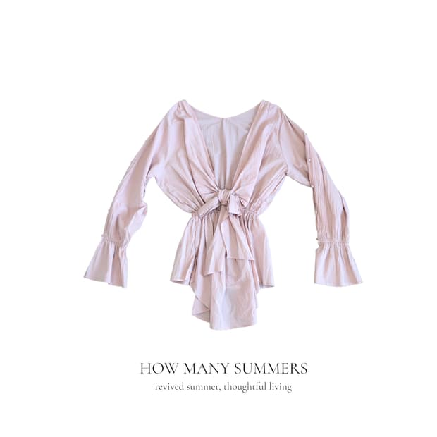 ​면 100% 연핑크 브이넥 리본 벨소매 블라우스