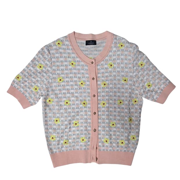 랑방 컬렉션 플라워 자수 체크 반팔 가디건