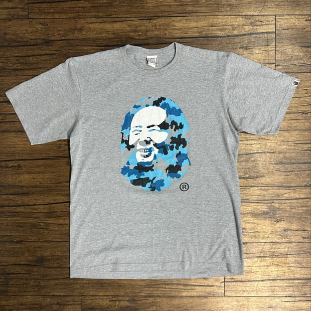 베이프 BAPE 블루 카모 에이프 헤드 반팔 티셔츠 그레이 L 일본 스트
