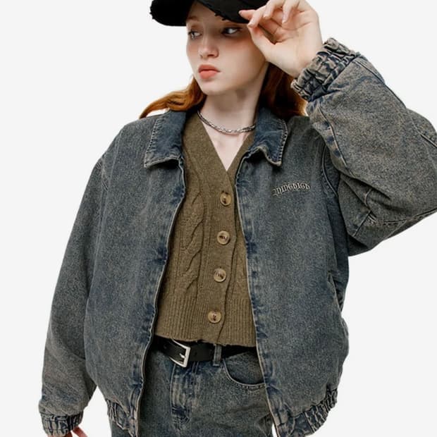 정가 19만원 러닝하이 바시티 로고 워시드 데님 점퍼 베이지