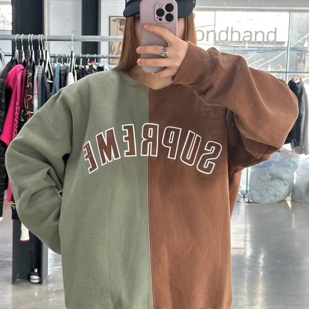 슈프림 18FW 스플릿 크루넥 스웨트셔츠 카키브라운