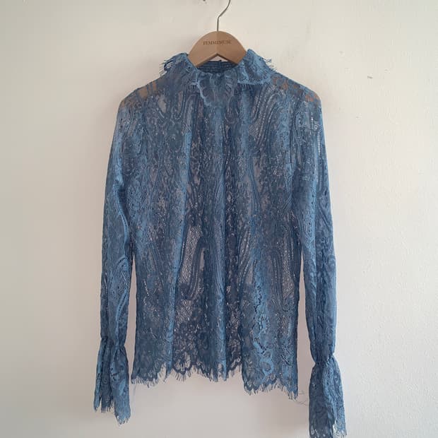Lace high neck rose blouse(blue)