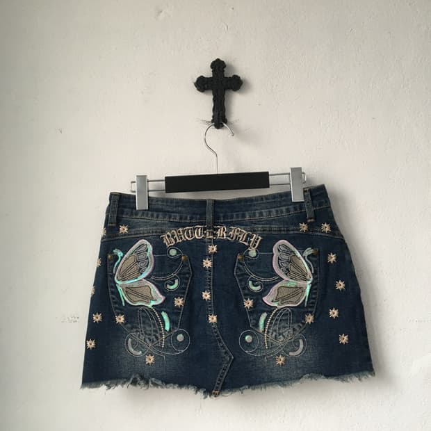 Butterfly embroidery denim short skirt
