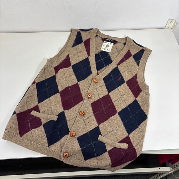 우먼L 빈폴 베이지 아가일 울100% 니트베스트