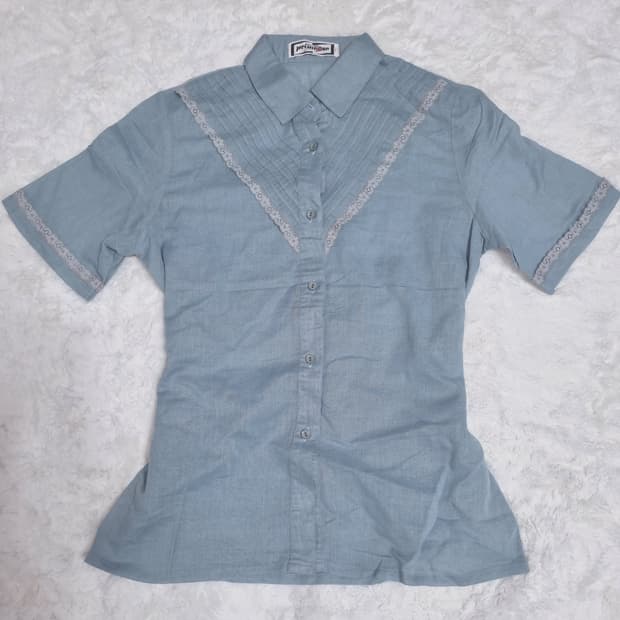 일본 빈티지 브랜드 하늘색 레이스 블라우스 셔츠 반발 일브 모리
