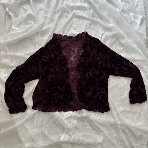 오리엔탈 버건디 플로럴 벨벳 시스루 가디건