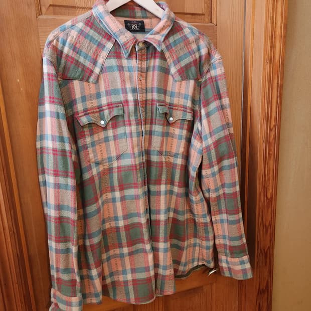 RRL 더블알엘 체크 플란넬 웨스턴 셔츠 세이지/핑크