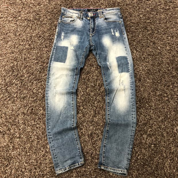 필립플레인 패치 워싱 스컬 데님 팬트