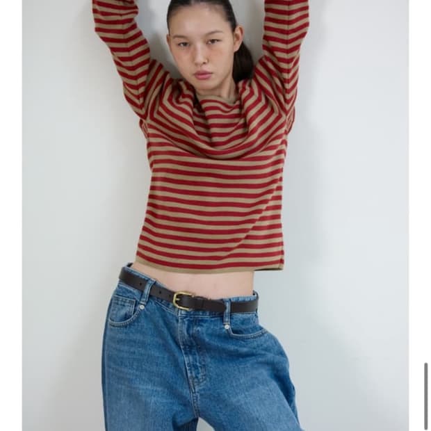 포니테일 콤비 스트라이프 니트 브라운 레드