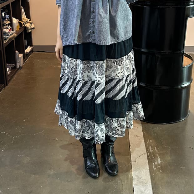 히피 페어리 패치 미디 스커트