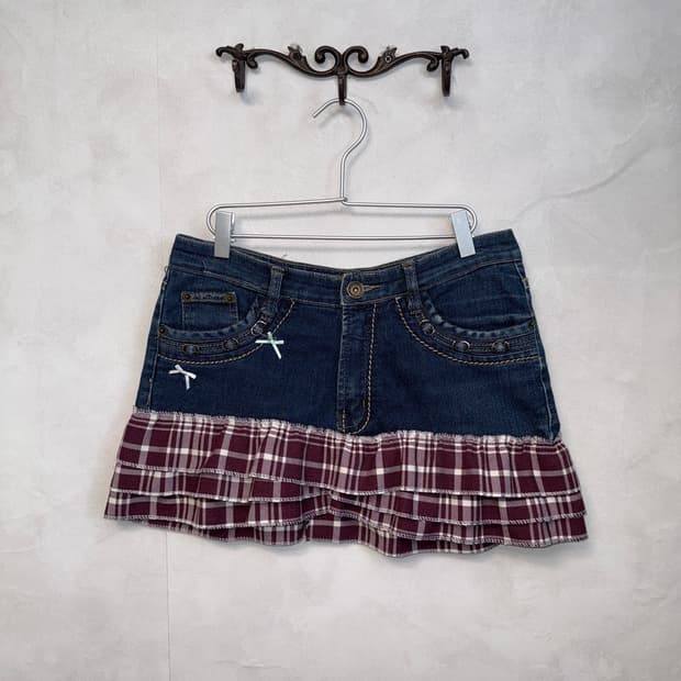 Denim red check cancan ribbon mini skirt