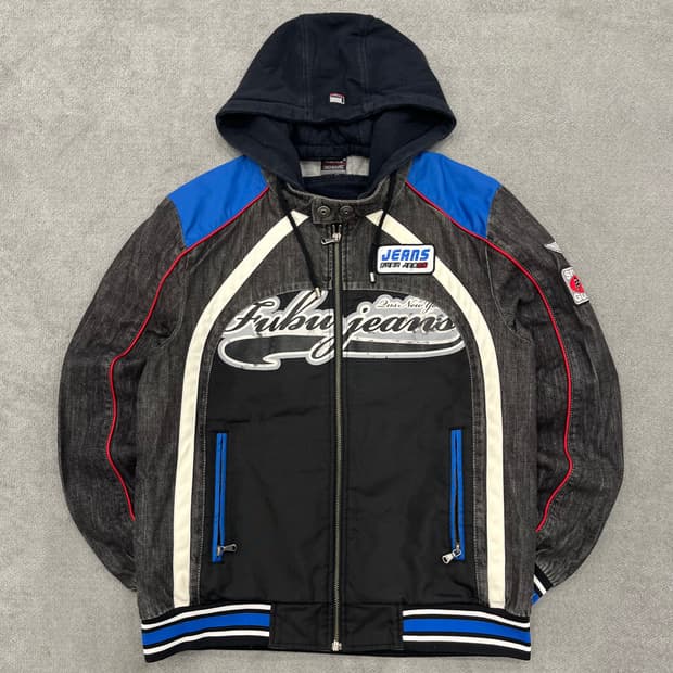 L 후부 후드 데님 레이싱 바이커자켓