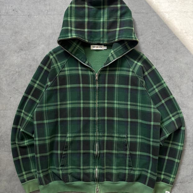 Bape 베이프 그린 체크 패턴 풀집 후디