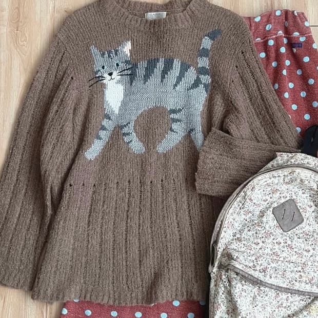 모리노가토 브라운 고양이 니트 모리걸 라떼 갸루 카메 카라하나 빈티지