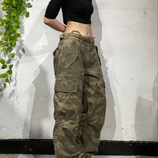일본 빈티지 대대장 베이지 와이드 카모 멀티 포켓 카고 팬츠 M