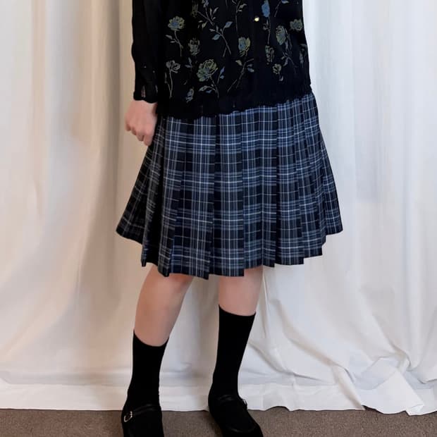 Blue Check Pleated Midi Skirt