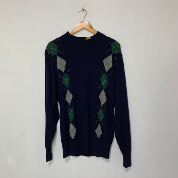 아가일 패턴 네이비 니트 스웨터 L 캐시미어 100 남성 빈티지 니트