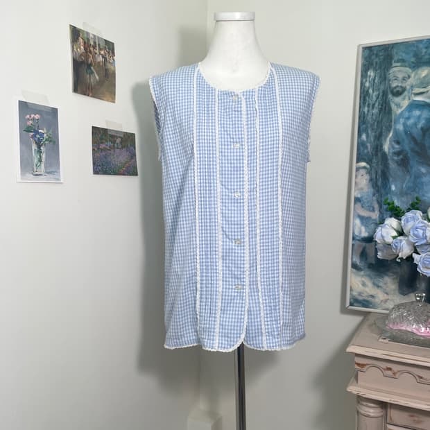 sky blue check lace trim cotton sleevele
