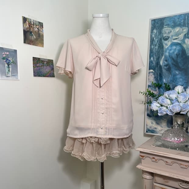 LODISPOTTO pink cream bow lace trim blou
