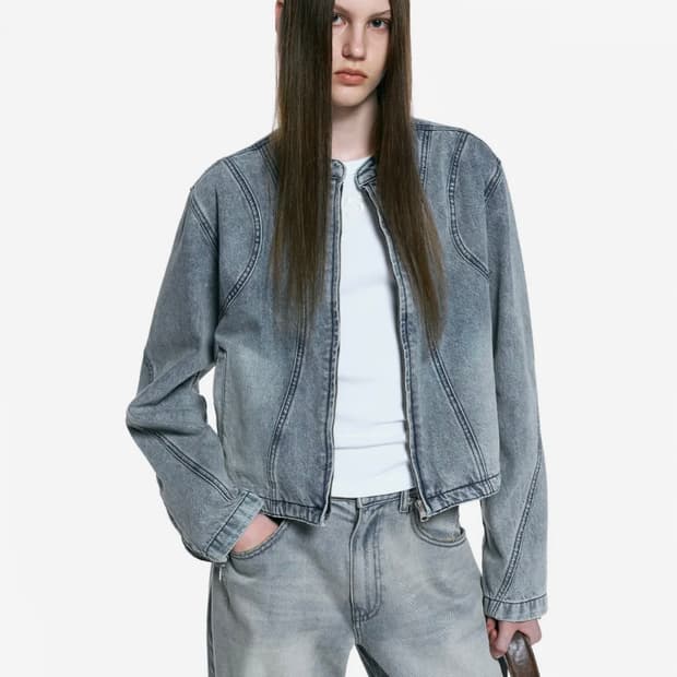 인사일런스우먼 청자켓 브러쉬드 레이싱 데님 자켓 