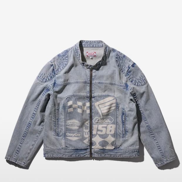 에이카화이트 데님 프린팅 바이커 자켓 M 블루 새상품