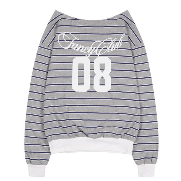 팬시클럽 스트라이프 원숄더 스웻셔츠 그레이