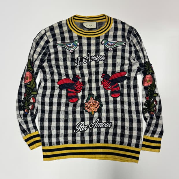 구찌 Gucci 커스텀 리메이크 자수 체크 니트 L