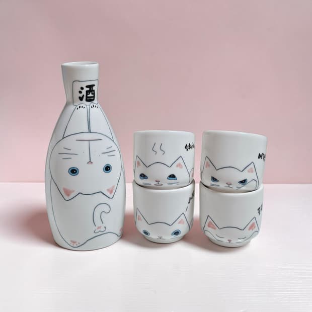 🍶 부뚜막고양이 핸드메이드 도자기 술병 술잔 5P 세트