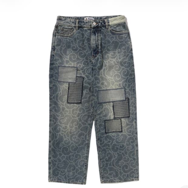 베이프 클라우드 카모 자카드 업사이클 릴렉스드 핏 13온즈 데님 팬츠 인