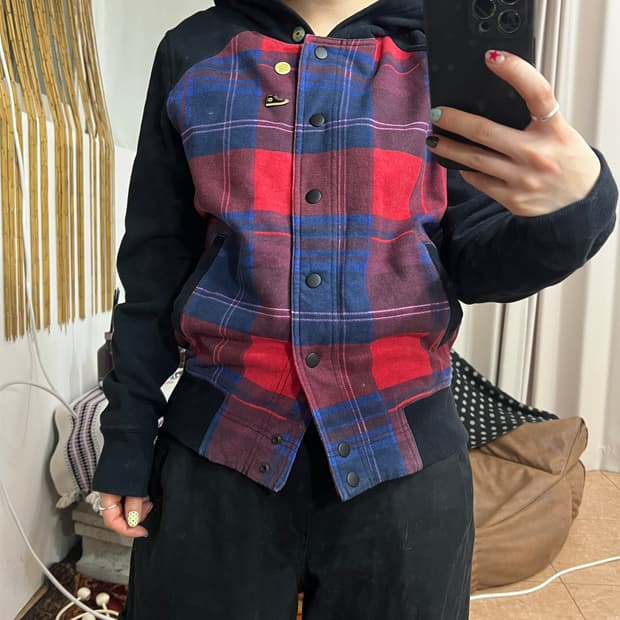 컨버스 체크 후드 블루종 자켓 