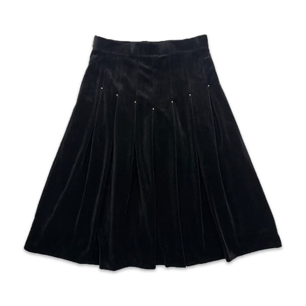 빈티지 블랙 벨벳 스터드 플리츠 플레어 미디 스커트