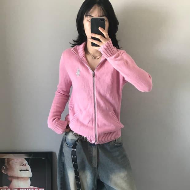 폴로 랄프로렌 빅포니 로고 핑크 니트 집업