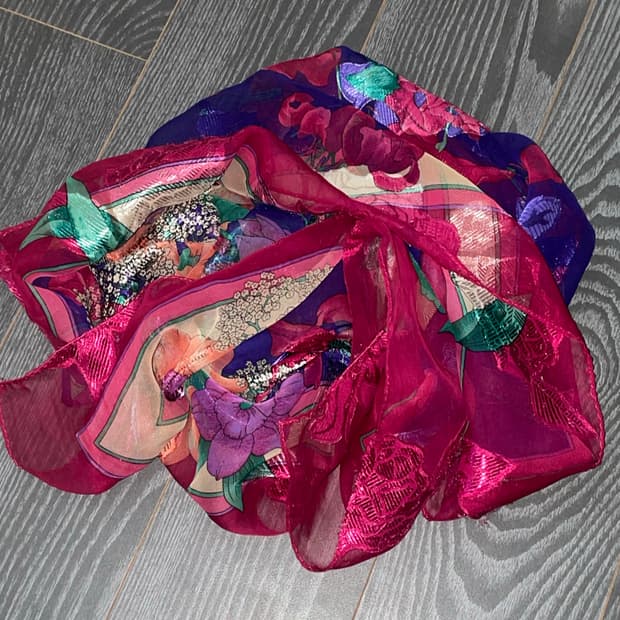 오리엔탈 동양 핑크퍼플 플라워 플로럴 시스루 스카프 페어리