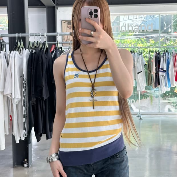 히스테릭글래머 퍽베어 자수 스트라이프 슬리브리스