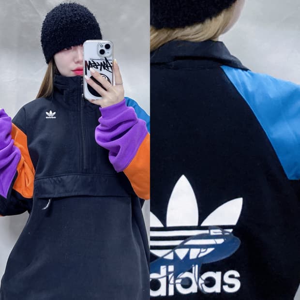 아디다스 빅로고 블랙 플리스 반집업 