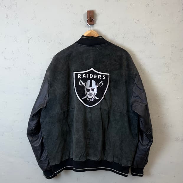 NFL 90s 빈티지 오클랜드 레이더스 레더 바시티 자켓