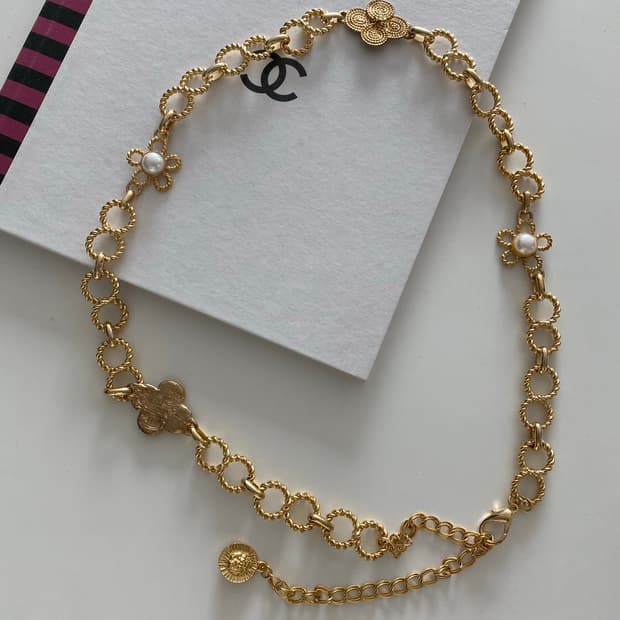 Y2k 빈티지 체인 진주 플라워 벨트