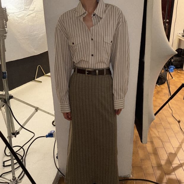 엘무드  버티컬 맥시 스커트 스트라이프 브라운 36사이즈