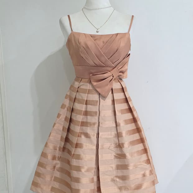 일본빈티지)빅리본 골드오렌지브라운 스트라이프 코르셋 새틴파티걸드레스