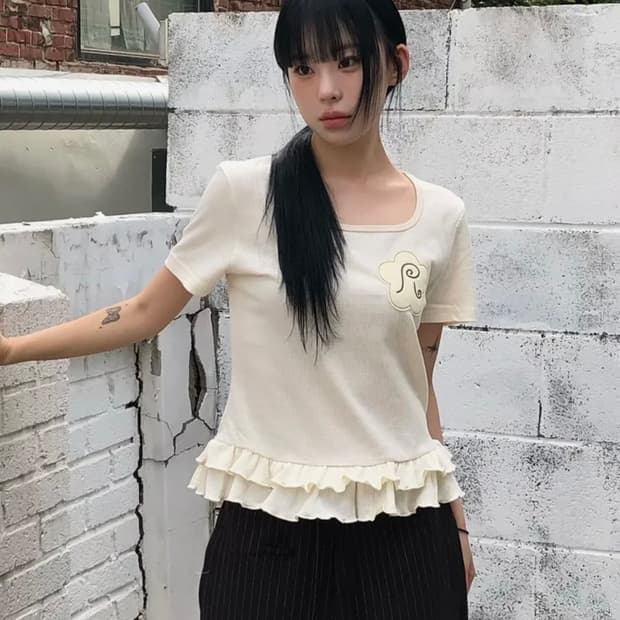 루나키후 프릴 레이어드 스퀘어넥 숏슬리브