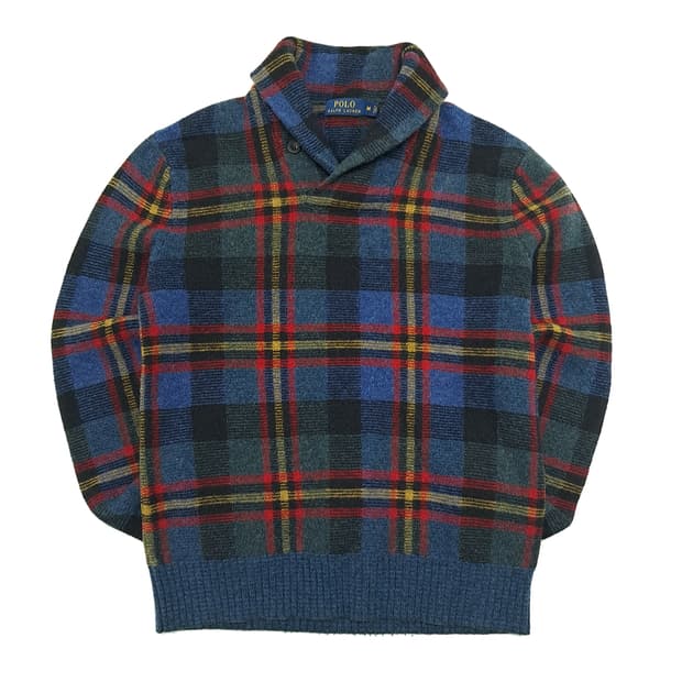 CN980 M 폴로 랄프로렌 타탄 램스울 숄카라 엘보패치 니트 스웨터
