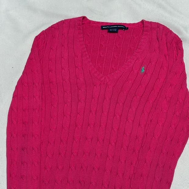 S 폴로랄프로렌 여성용 브이넥 케이블 핑크 니트