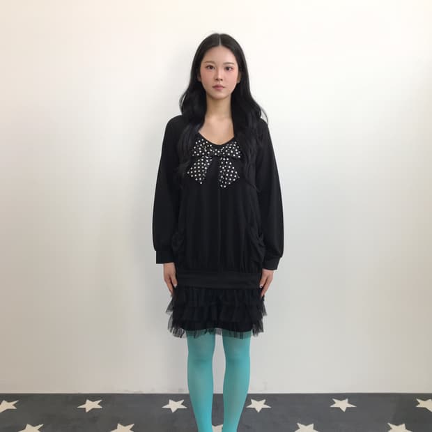 Jpn Black Tulle Ruffle Bow Tunic Dress