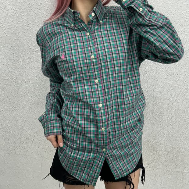 폴로 랄프로렌 딸기우유맛 포니 그린 체크 셔츠