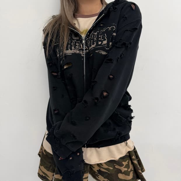 블랙 디스트레스 후드집업