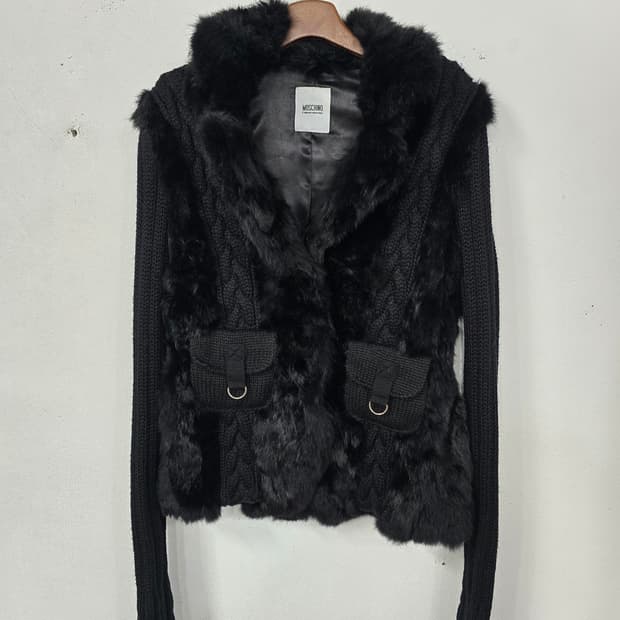 모스키노 블랙 퍼 니트 가디건