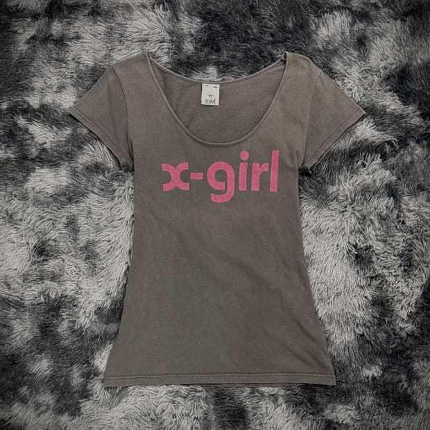 X-girl 핑크 로고 그레이 반팔 티셔츠