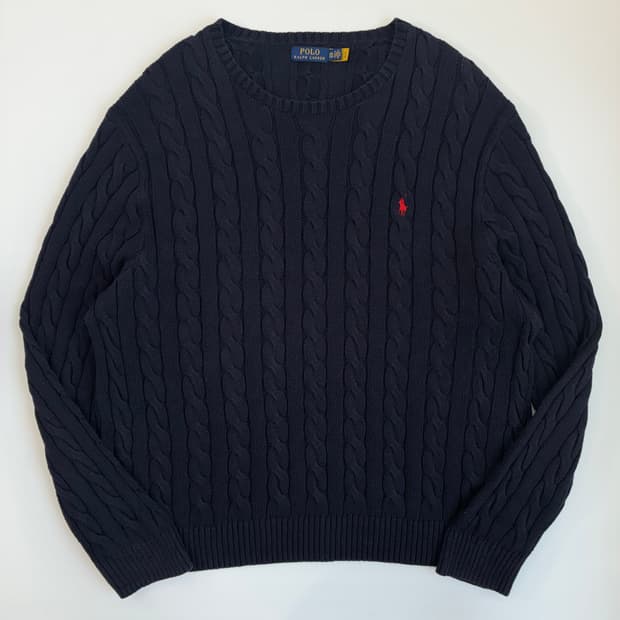Polo 폴로 랄프로렌 현행 QR 딥네이비 케이블 코튼 라운드 니트