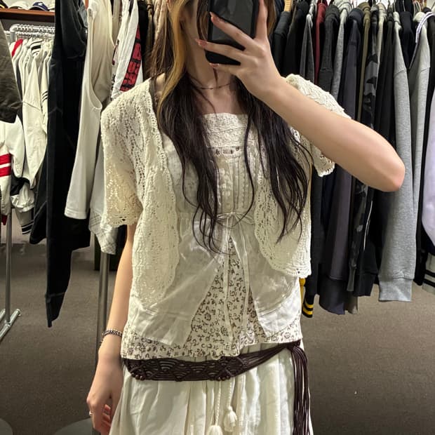 OS)Japanese vintage 여성 펀칭 디자인 반팔 시트 가디건